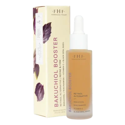 Farmhouse Fresh Bakuchiol Booster $72 "Silky skin is in! This plant-based retinol alternative brings a stunning boost to complexions with a silky-light touch and velvety-soft feel on skin. Enhanced with niacinamide, vitamin C, licorice root, and firming peptides, plus FHF-grown organic black opal basil for a super refined new complexion. Finished with a light, herbal scent of basil cilantro you'll love. After cleansing, apply booster evenly to face, neck and outer eye area. Use under any of your favorite serums and moisturizers, morning and night." 1 oz "Aging Fine Lines & Wrinkles Uneven Tone Hyperpigmentation"