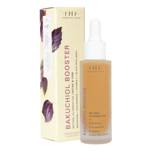 Farmhouse Fresh Bakuchiol Booster $72 "Silky skin is in! This plant-based retinol alternative brings a stunning boost to complexions with a silky-light touch and velvety-soft feel on skin. Enhanced with niacinamide, vitamin C, licorice root, and firming peptides, plus FHF-grown organic black opal basil for a super refined new complexion. Finished with a light, herbal scent of basil cilantro you'll love. After cleansing, apply booster evenly to face, neck and outer eye area. Use under any of your favorite serums and moisturizers, morning and night." 1 oz "Aging Fine Lines & Wrinkles Uneven Tone Hyperpigmentation"